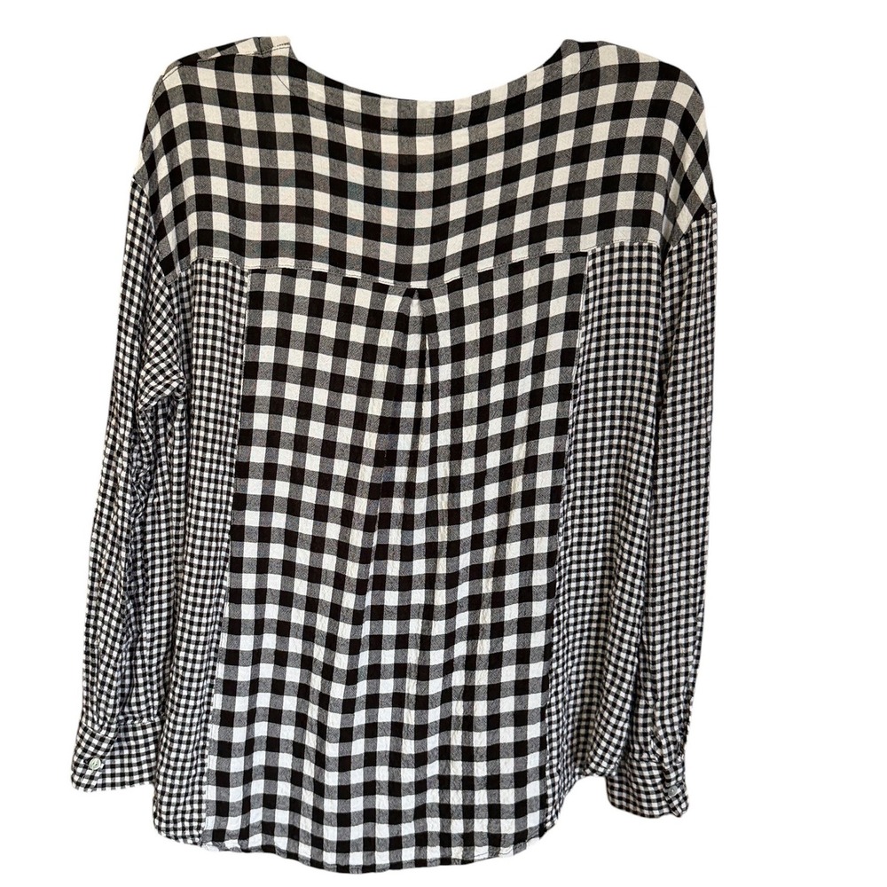 Jane + Delancey Womens Gingham Checkered Henley Blouse Black White Large - Picture 2 of 10